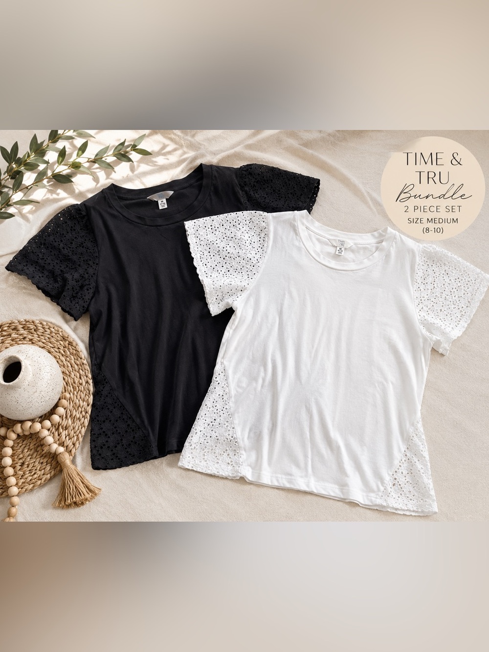 Time & Tru Eyelet Flutter Sleeve Top Bundle | Black & White | Medium (8–10)